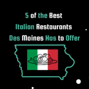 The banner image features an Italian flag overlaid on an outline of the state of Iowa, with a graphic of a plate of spaghetti and meatballs in the center. The post title, '5 of the Best Italian Restaurants Des Moines Has to Offer,' is prominently displayed in bold letters. The flag is colored green, white, and red, with the plate of spaghetti and meatballs in the center, making for a visually appealing and appetizing image.
