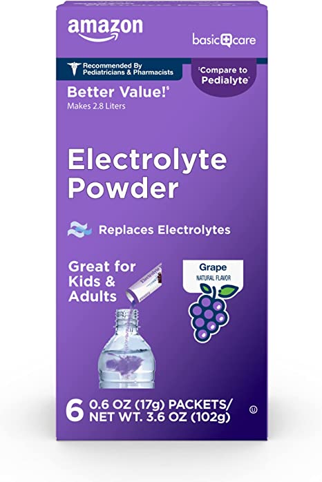 Amazon Basic Care Electrolyte Powder Packets in grape flavor, a convenient and effective way to replenish essential electrolytes lost during exercise, hot weather, or illness.