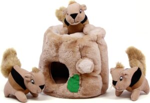 Image of a Hide-a-Squirrel Toy, a fun and interactive puzzle toy for dogs that challenges their problem-solving skills. This toy features a soft and plush tree trunk with several holes for hiding squeaky squirrel toys, providing mental stimulation and entertainment for your dog. The Hide-a-Squirrel Toy is a must-have for dog lovers in 2023 who want to keep their dogs mentally stimulated and entertained."