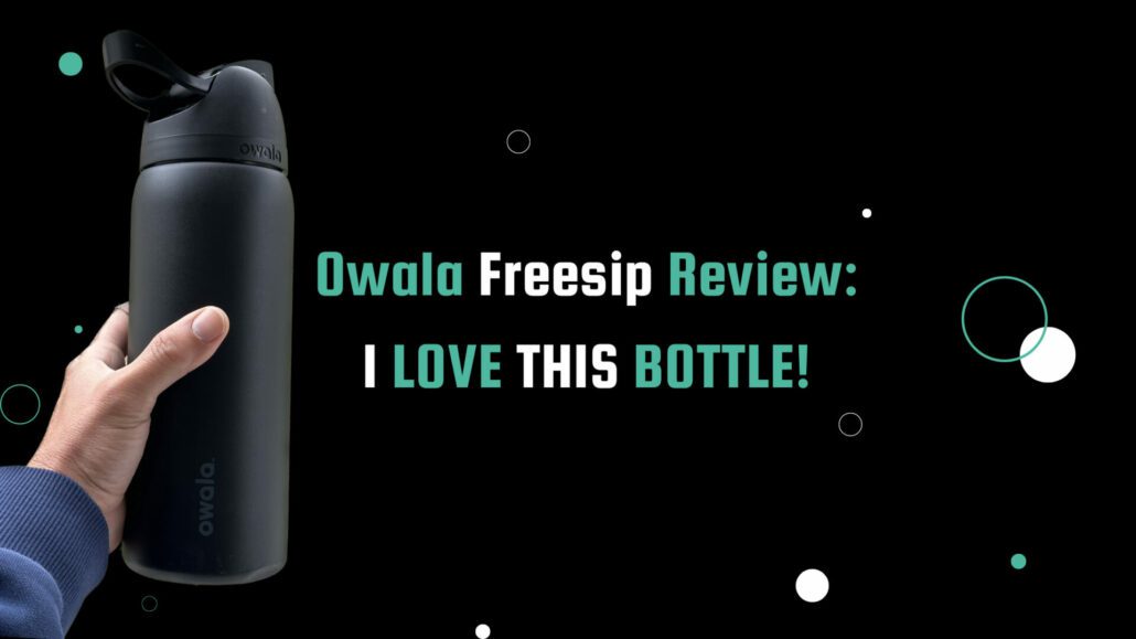 A hand holding the Owala FreeSip water bottle in front of a black background. The bottle has a teal and white label featuring the post title.