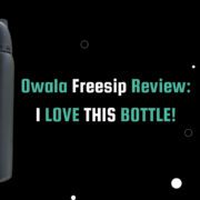 A hand holding the Owala FreeSip water bottle in front of a black background. The bottle has a teal and white label featuring the post title.