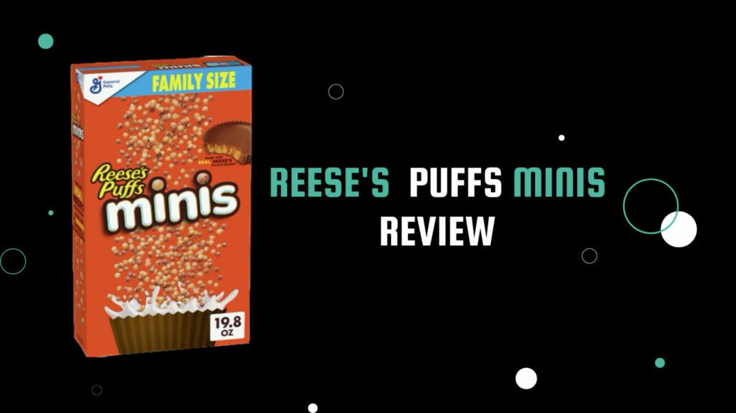 A box of Reese's Puffs Minis cereal with white and teal text on a black background.