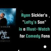 Promotional poster for Ryan Sickler's 'Lefty's Son' standup special on solid black background, featuring black and teal lettering.