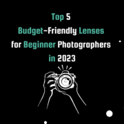 Illustration of hands holding a camera, capturing a photo with the title 'Top 5 Budget-Friendly Lenses for Beginner Photographers' overlayed.