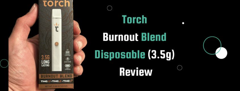A hand holding a product packaging with the post title "Torch Burnout Blend Disposable Review" written in white and teal on a black background.