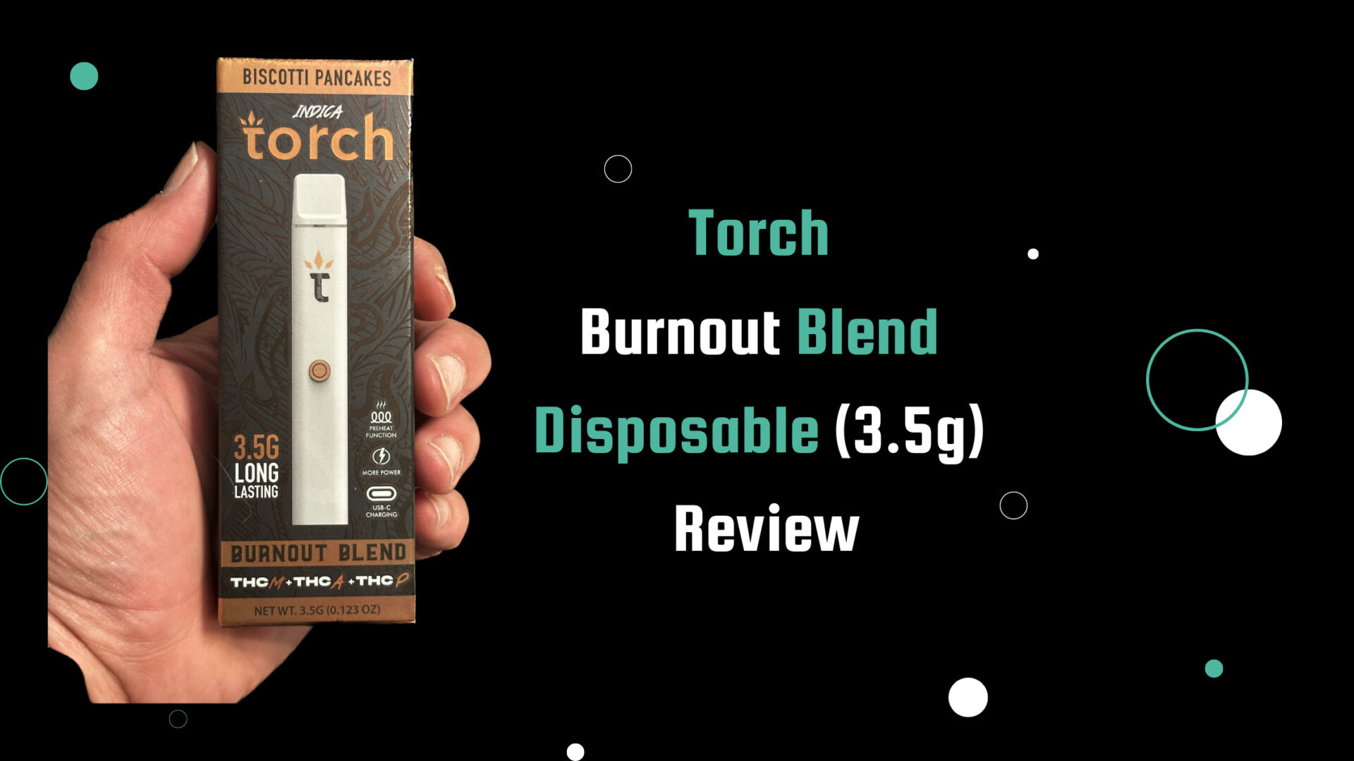 A hand holding a product packaging with the post title "Torch Burnout Blend Disposable Review" written in white and teal on a black background.