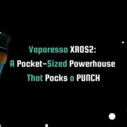 Hand holding Vaporesso XROS2 vape device against black background with teal and white text displaying product name and review.