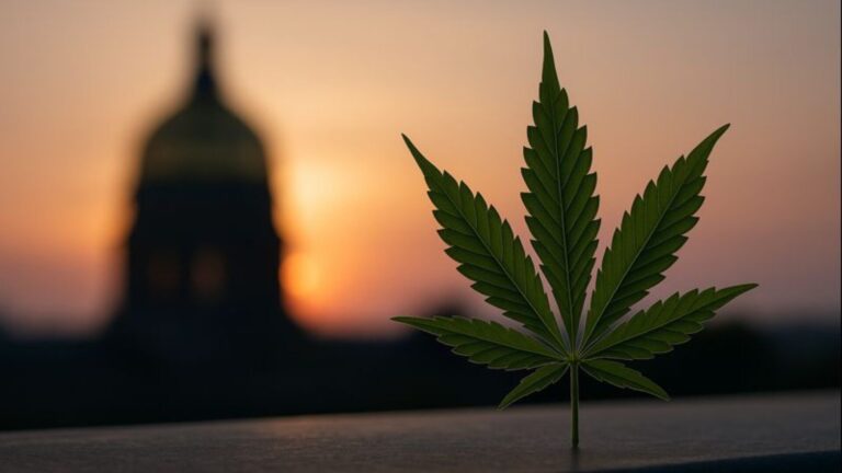 Iowa marijuana legalization remains stalled, cannabis leaf in front of the Iowa State Capitol