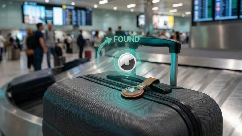 n Apple AirTag on a suitcase at an airport terminal with a digital "Found" overlay, illustrating a long-term Apple AirTag review.