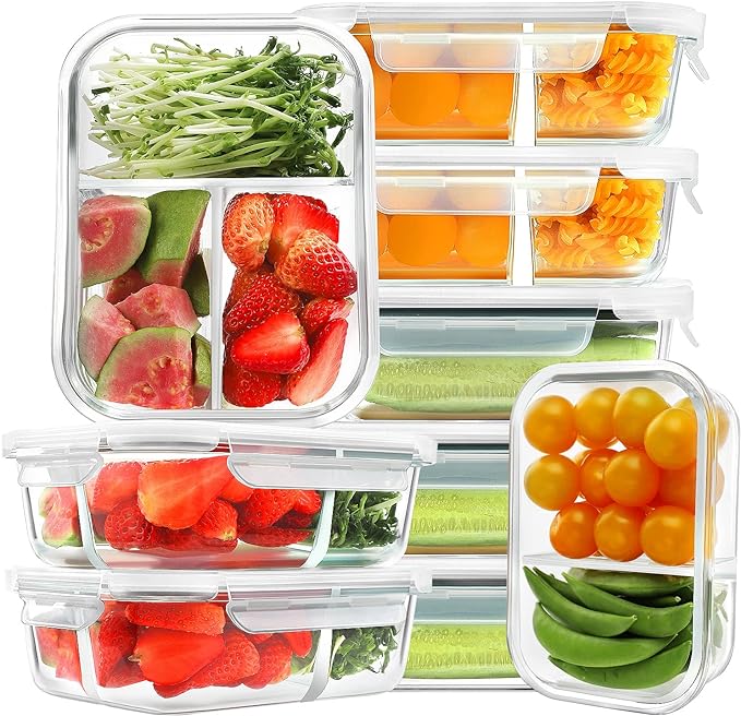 9 Pack Glass Meal Prep Containers 3 & 2 & 1 Compartment, Glass Food Storage Containers with Lids