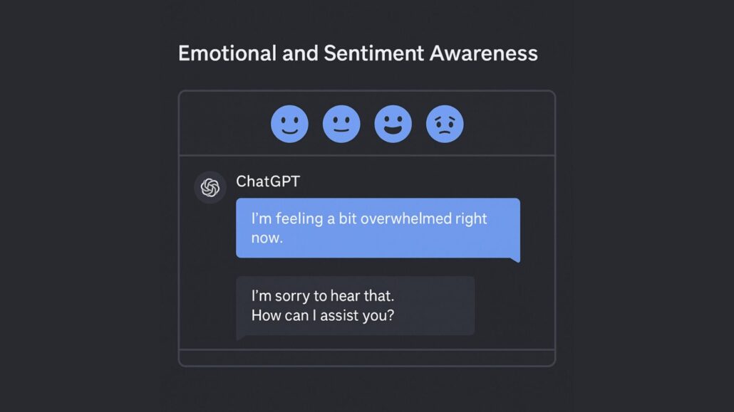 ChatGPT interface displaying empathetic response and emotional icons, symbolizing AI's future ability to detect and adapt to user sentiment.