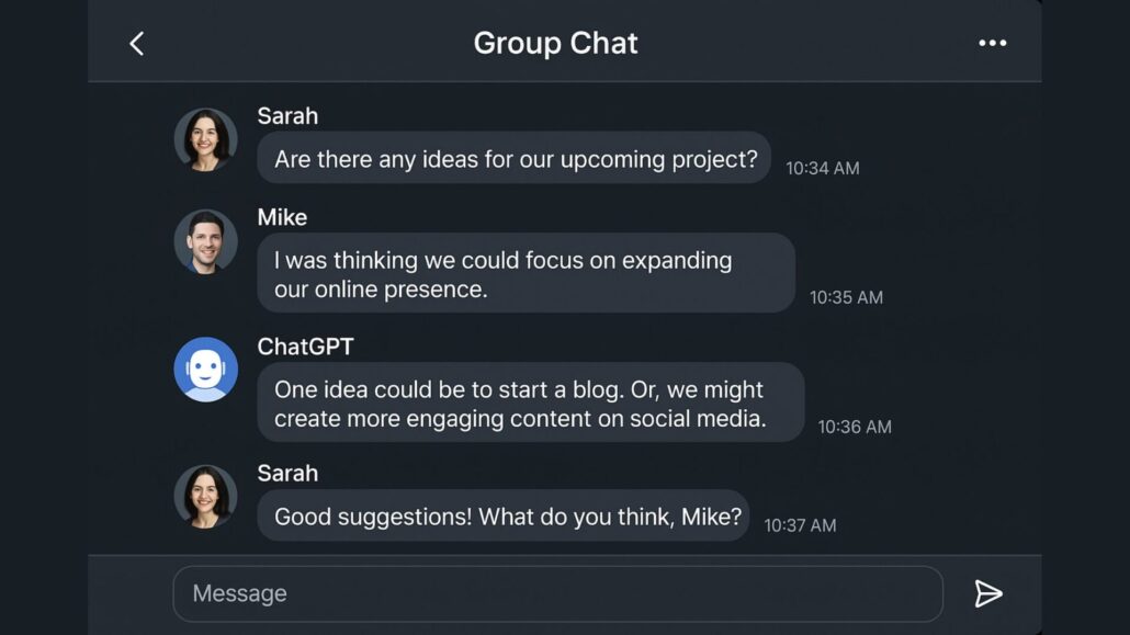 Group chat interface featuring ChatGPT collaborating with human users in a team discussion, representing future AI-human communication.