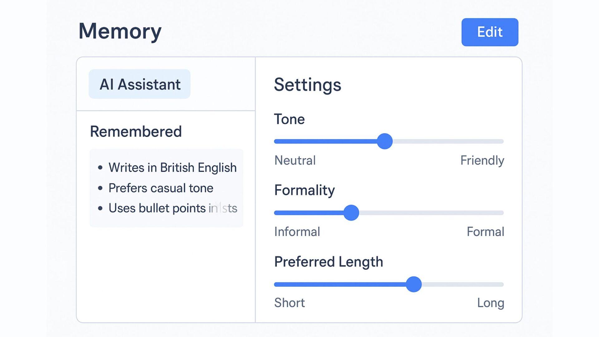 ChatGPT memory settings dashboard with user preferences and tone, formality, and length sliders, representing personalized AI profiles.