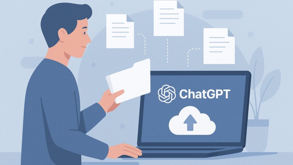 A man uploads documents into ChatGPT from a folder, symbolizing future personal knowledge integration with AI.