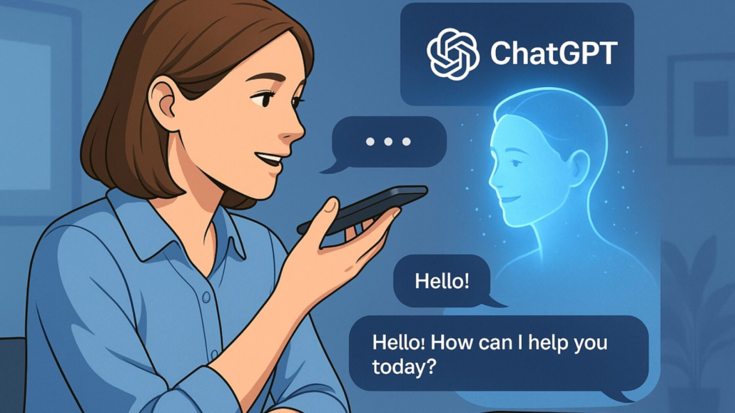 A woman speaks into her smartphone as a glowing ChatGPT avatar responds in real time, representing future voice conversation with AI.