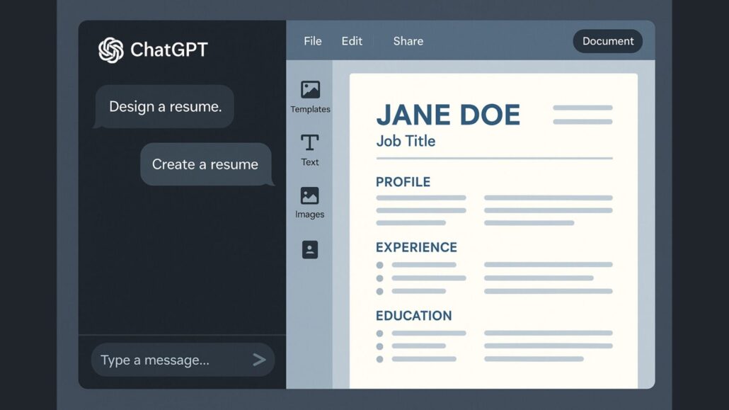 ChatGPT interface generating a resume layout with design tools, symbolizing future visual document creation capabilities.