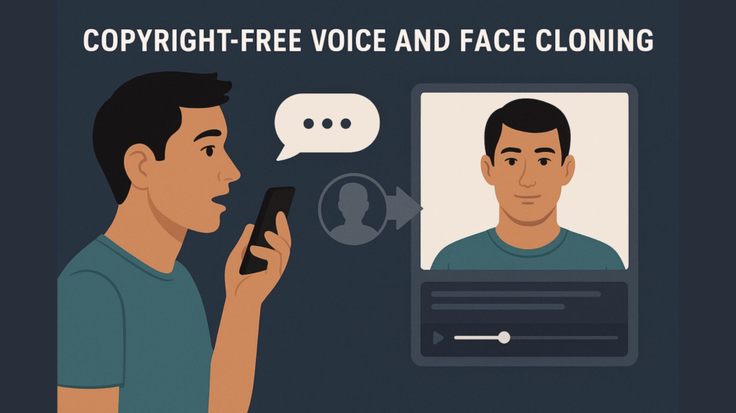 A young man speaks into his phone while a cloned version of his face and voice appears on screen, representing ChatGPT’s future voice and face cloning capabilities.