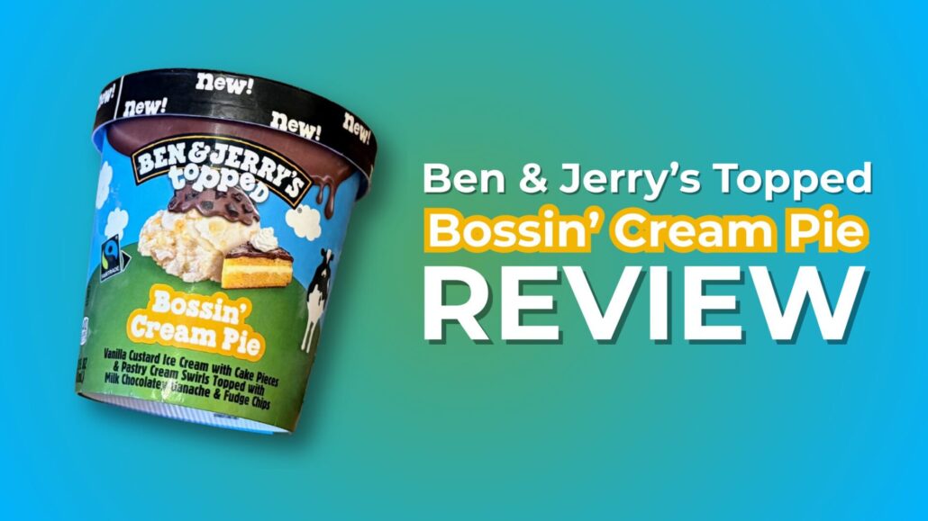 Banner for “Ben & Jerry’s Topped Bossin’ Cream Pie Review” showing a floating pint against a blue-green gradient background