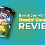 Banner for “Ben & Jerry’s Topped Bossin’ Cream Pie Review” showing a floating pint against a blue-green gradient background