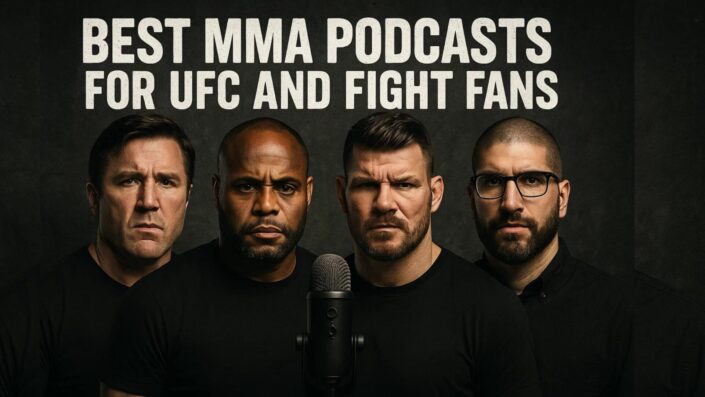 Gritty banner image featuring Chael Sonnen, Daniel Cormier, Michael Bisping, and Ariel Helwani in black shirts with bold text that reads “Best MMA Podcasts for UFC and Fight Fans.”
