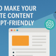 Illustration of a blog post under a spotlight with ChatGPT highlighting content, representing AI-optimized, ChatGPT-friendly web content