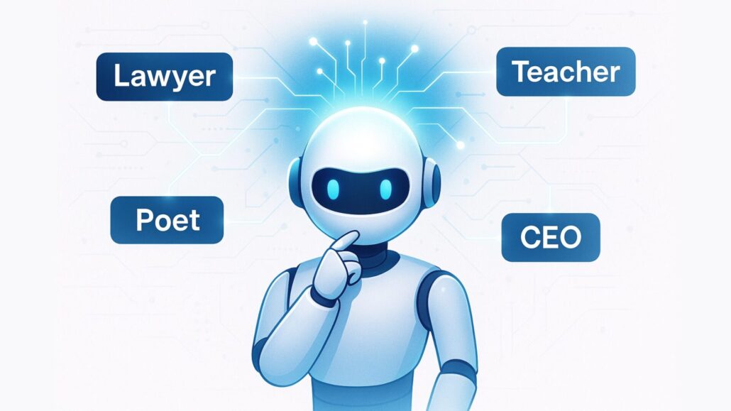 AI chatbot surrounded by floating words Lawyer, Teacher, Poet, and CEO representing the ChatGPT prompt trick