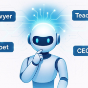 AI chatbot surrounded by floating words Lawyer, Teacher, Poet, and CEO representing the ChatGPT prompt trick