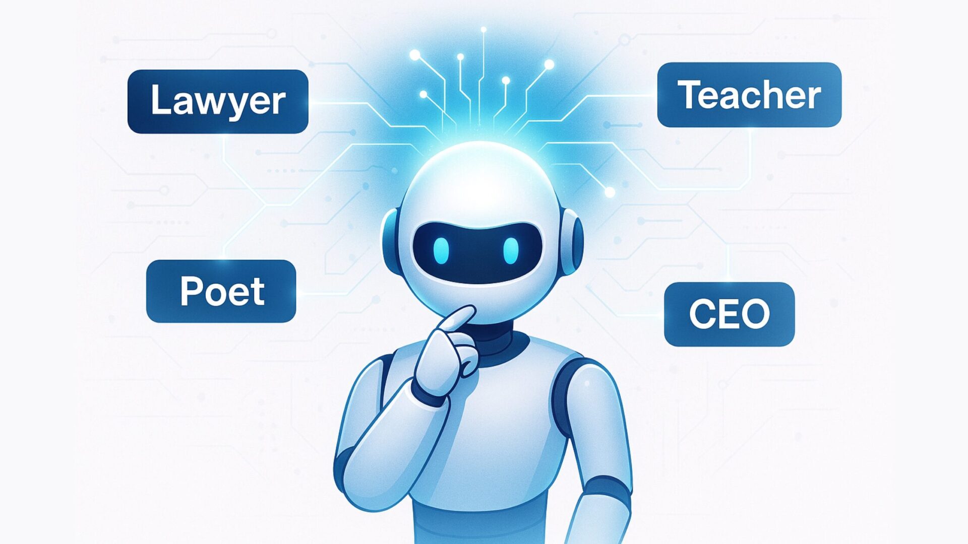 AI chatbot surrounded by floating words Lawyer, Teacher, Poet, and CEO representing the ChatGPT prompt trick