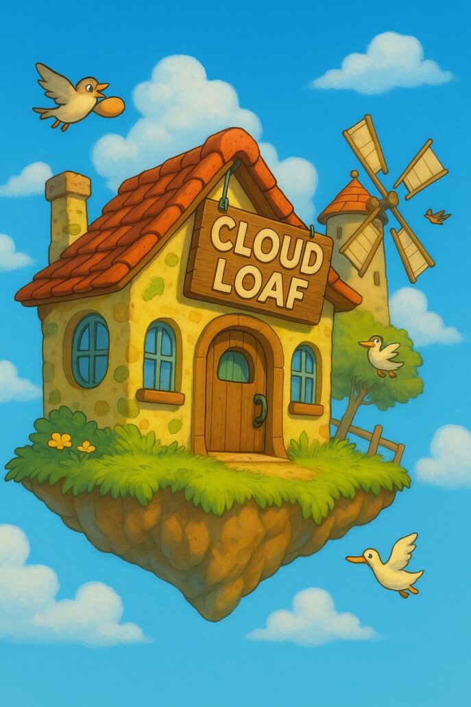 Studio Ghibli-style floating bakery labeled “Cloud Loaf” with blue skies and birds flying