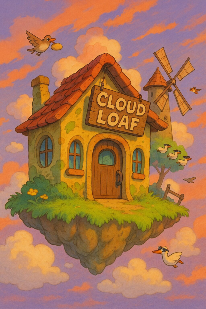 tudio Ghibli-inspired floating bakery labeled “Cloud Loaf” at sunset with colorful clouds