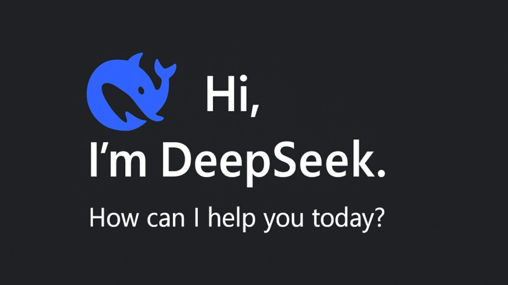 DeepSeek AI logo with the text "Hi, I'm DeepSeek. How can I help you today?" on a dark background