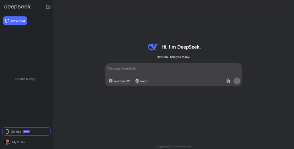 Screenshot of the DeepSeek AI interface showing the welcome message and chat input