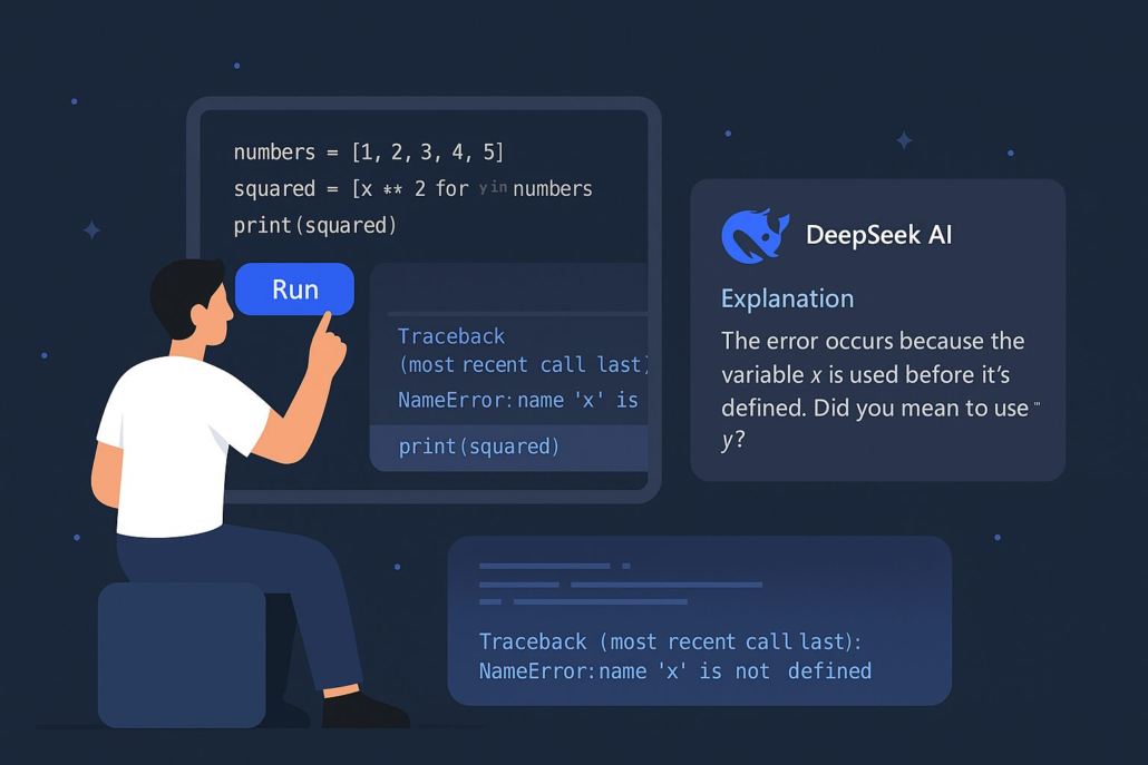 Digital illustration showing a user interacting with DeepSeek AI to generate and debug Python code