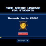 Retro video game screen showing free Gemini upgrade for students through finals 2026