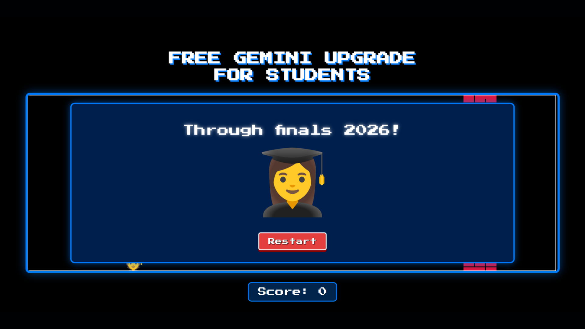 Retro video game screen showing free Gemini upgrade for students through finals 2026