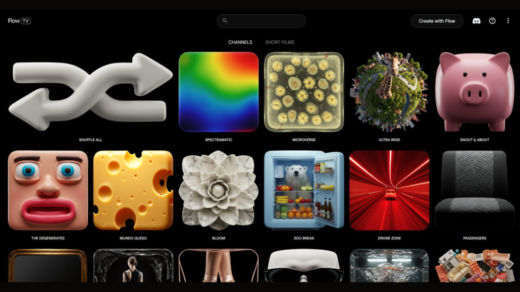 Flow TV interface showing AI-generated video channels like Spectramatic, Microverse, Zoo Break, and more from Google's new platform.