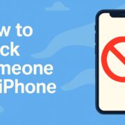 Illustration of an iPhone with a red block icon and the text "How to Block Someone on iPhone" on a blue background