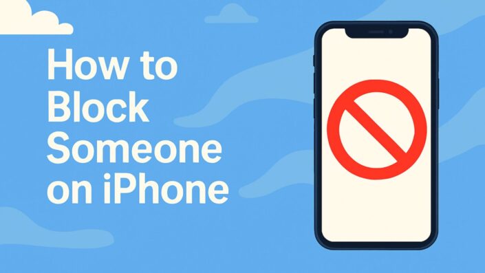 Illustration of an iPhone with a red block icon and the text "How to Block Someone on iPhone" on a blue background