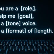 A backlit keyboard with glowing text above it displaying a ChatGPT prompt formula: “You are a [role]. Help me [goal], in a [tone] voice. In a [format] of [length].”