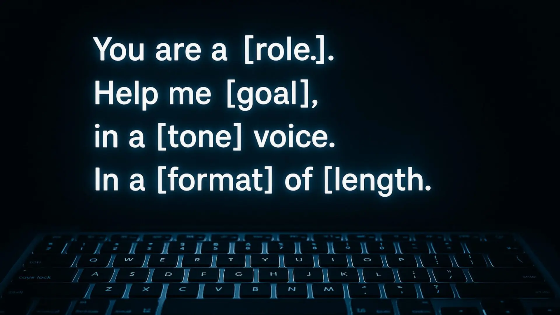 A backlit keyboard with glowing text above it displaying a ChatGPT prompt formula: “You are a [role]. Help me [goal], in a [tone] voice. In a [format] of [length].”