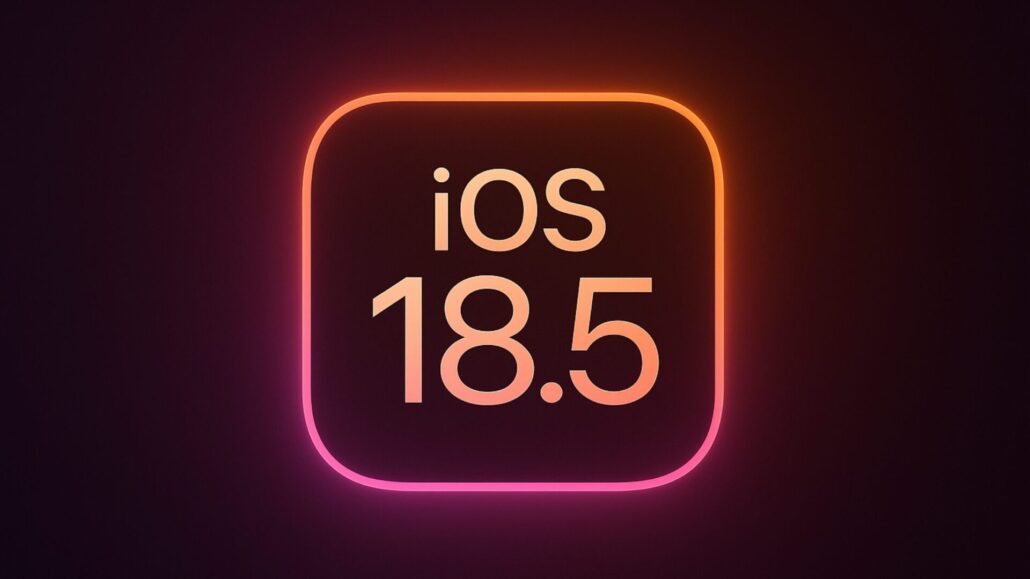 Colorful iOS 18.5 logo on a glowing rounded square, set against a dark gradient background with orange and pink tones.