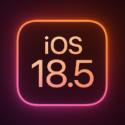 Colorful iOS 18.5 logo on a glowing rounded square, set against a dark gradient background with orange and pink tones.