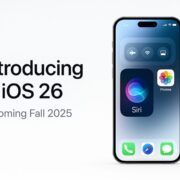iPhone displaying iOS 26 interface with Siri widget and text that reads Introducing iOS 26, Coming Fall 2025