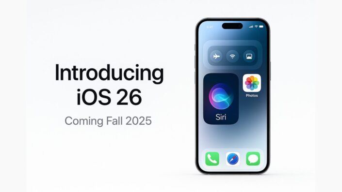 iPhone displaying iOS 26 interface with Siri widget and text that reads Introducing iOS 26, Coming Fall 2025