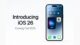 iPhone displaying iOS 26 interface with Siri widget and text that reads Introducing iOS 26, Coming Fall 2025