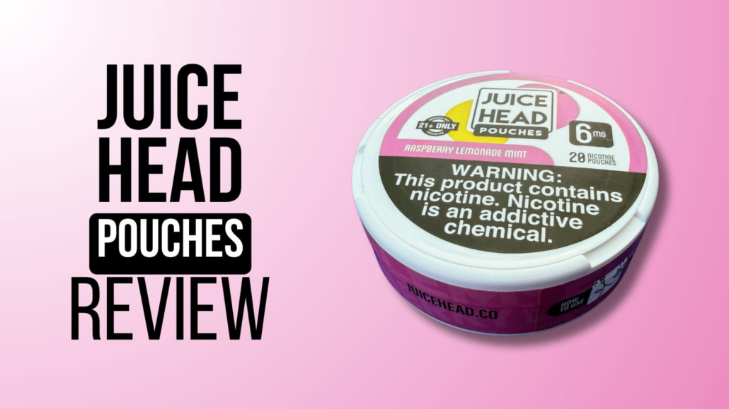 Juice Head Pouches Raspberry Lemonade Mint can on a pink gradient background with bold “Juice Head Pouches Review” typography
