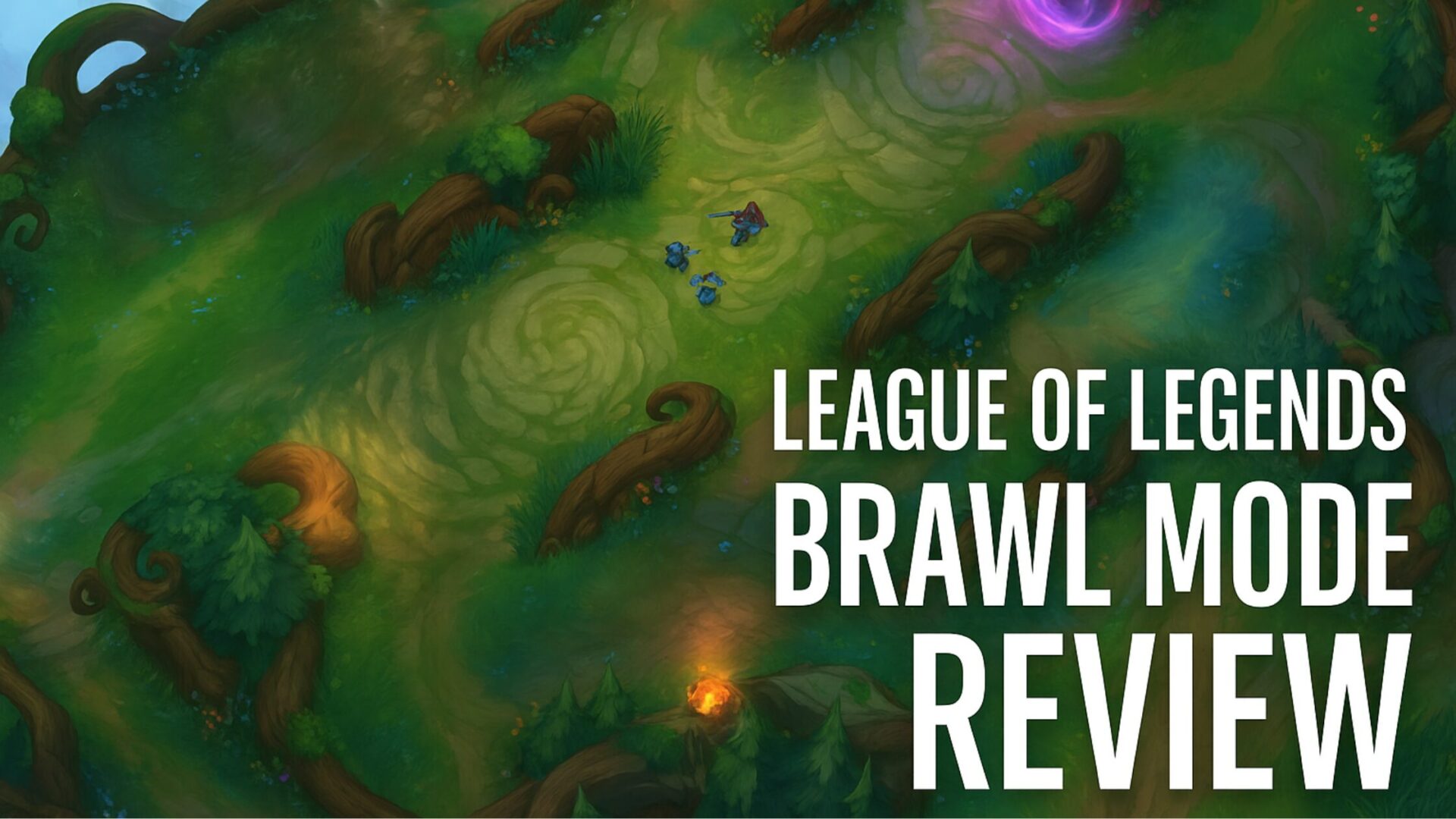 Overhead view of Bandle City map from League of Legends Brawl Mode with the title "League of Legends Brawl Mode Review" overlaid.