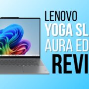 Lenovo Yoga Slim 7i Aura Edition laptop with Windows 11 home screen, featured in product review banner