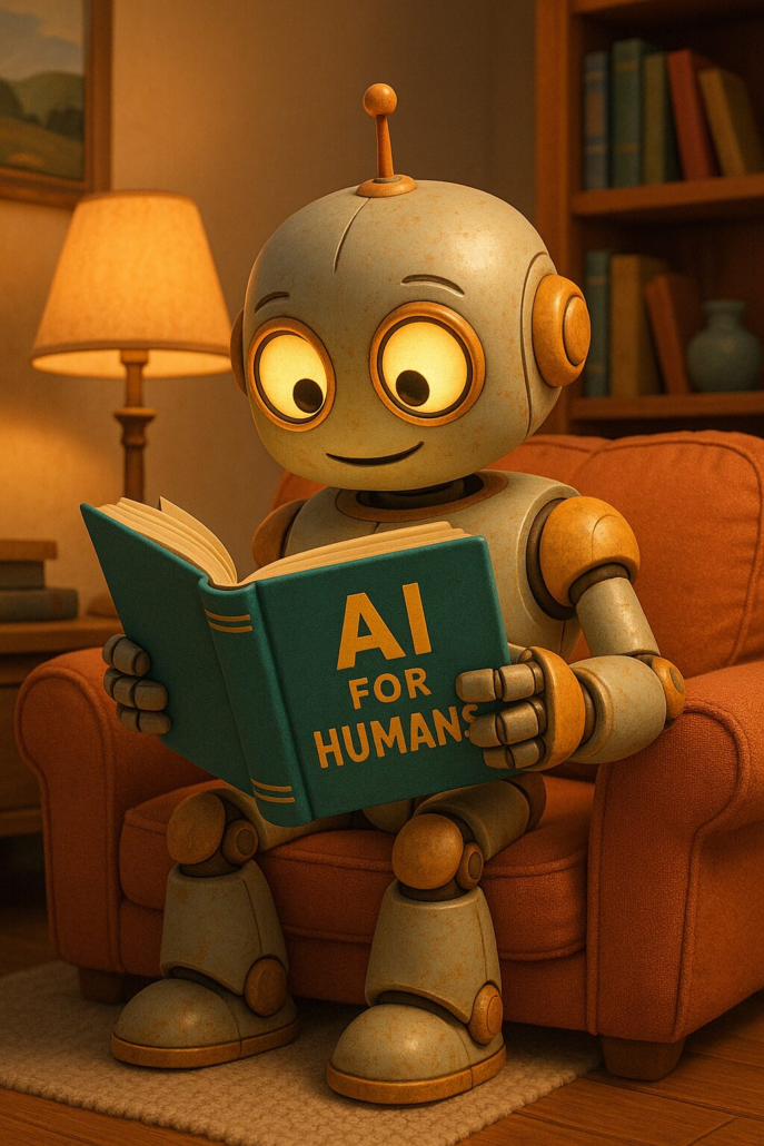 Pixar-style cartoon robot reading a book titled “AI for Humans” in a cozy living room