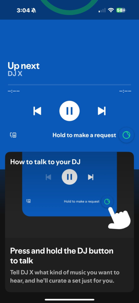 Spotify AI DJ interface showing the 'Hold to make a request' tutorial screen